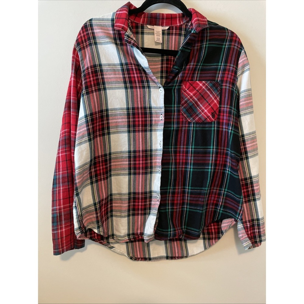 Victoria Secret S Plaid‎ Flannel Pajama Top Red Green Button Front